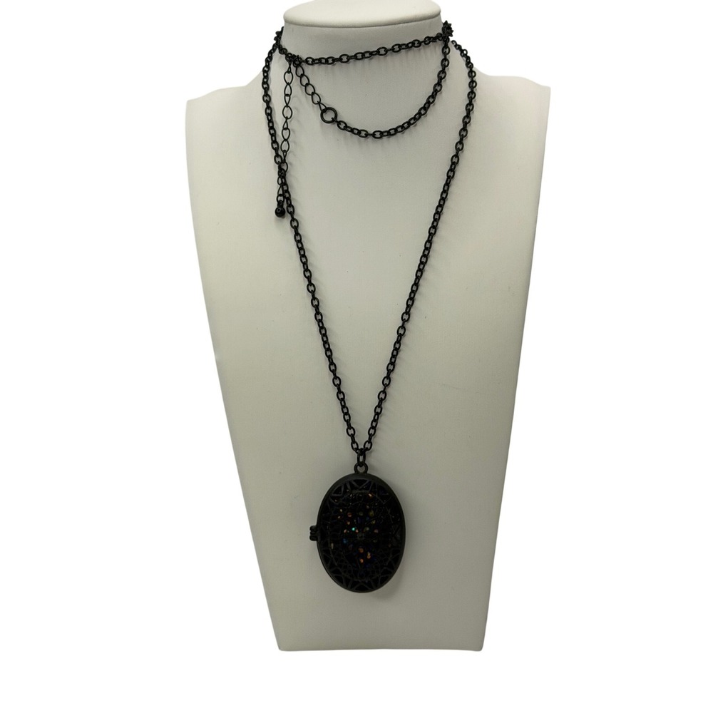 Matte Black Filigree Locket Necklace Iridescent Rhinestone Gothic Oval Pendant